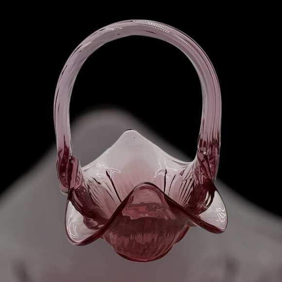 Footed Vintage Fenton Plum Art Glass Basket with Applied Handle 6" Tall Marked - Picture 3 of 16